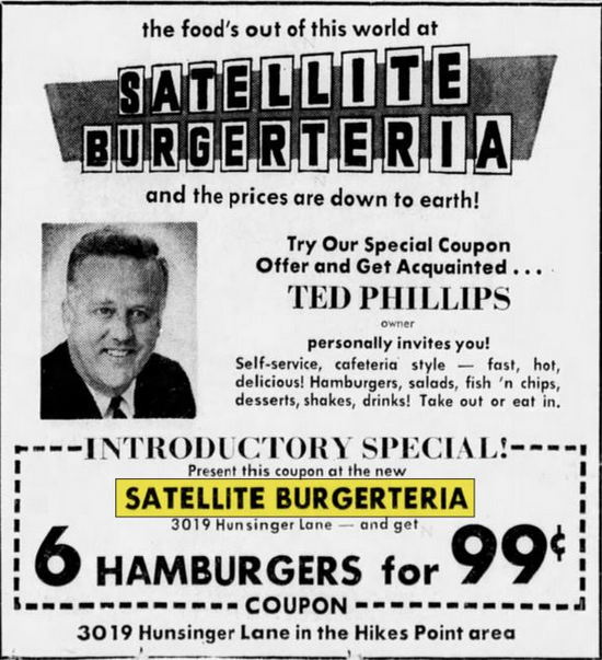 Satellite Burgerteria (Schwarzs Chuck Wagon, Charlies Chuck Wagon) - June 1969 Ad From Louisville Kentucky